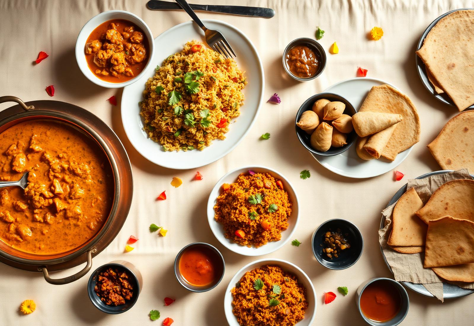 Overhead spread of Indian catering dishes: butter chicken, biryani, samosas and rotis
